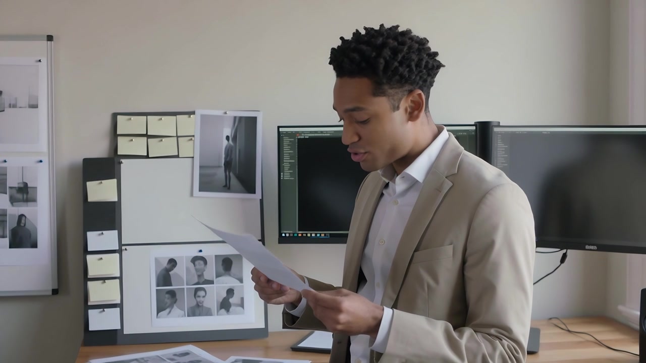 Reviewing contact sheets, man in beige blazer adjusting sticky notes on pinboard prints in studio