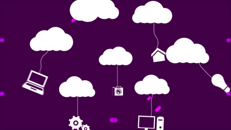 animación de nubes blancas con iconos de medios colgantes sobre un escáner circular rosado sobre un fondo negro