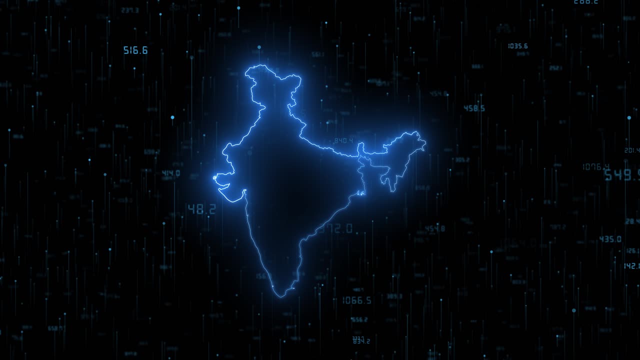 Digital neon blue map of india country map global network connections digital cyber technology map