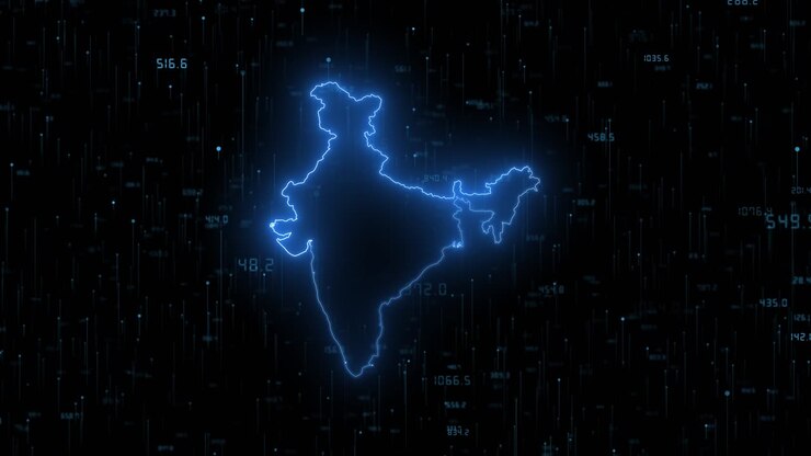 Digital neon blue map of india country map global network connections digital cyber technology map