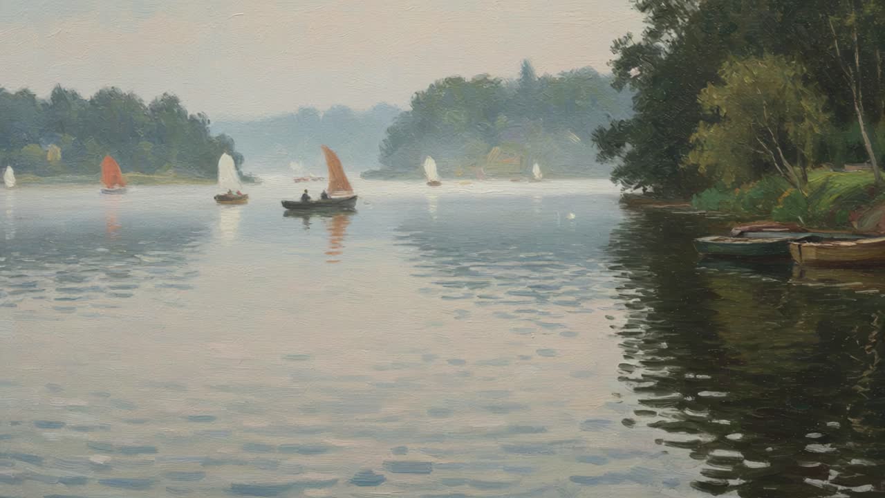 A Tranquil Morning on the Lake: Sailboats Glide Across the Still Water, Reflecting the Soft Light of Dawn Amidst Lush Greenery and Overcast Skies