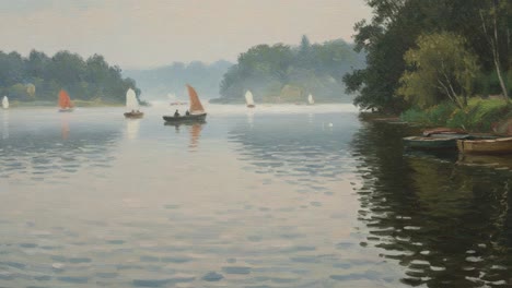 a tranquil morning on the lake: sailboats glide across the still water, reflecting the soft light of dawn amidst lush greenery and overcast skies