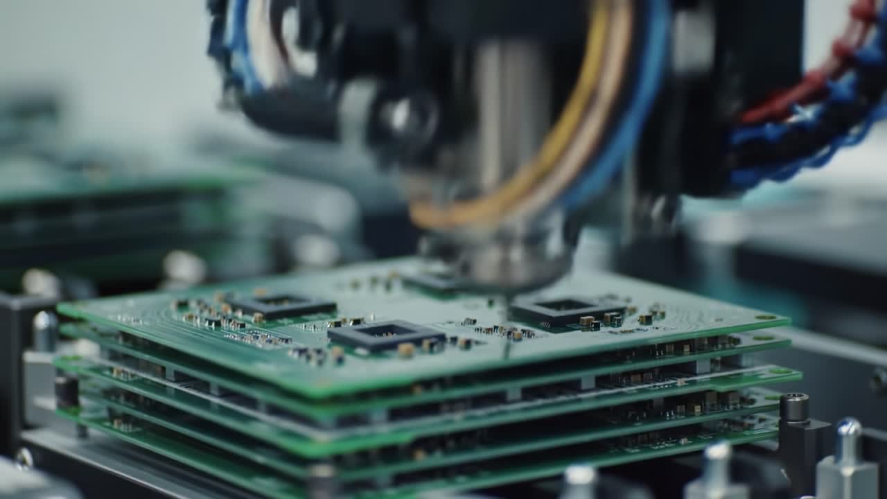 This showcases the high-precision assembly process of circuit boards in a cutting-edge manufacturing facility. Sophisticated machines carefully attach components to the boards.