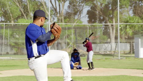 Television-footage-of-baseball-bat,-score-board-and-two-teams-of-diverse-female-baseball-players-on-