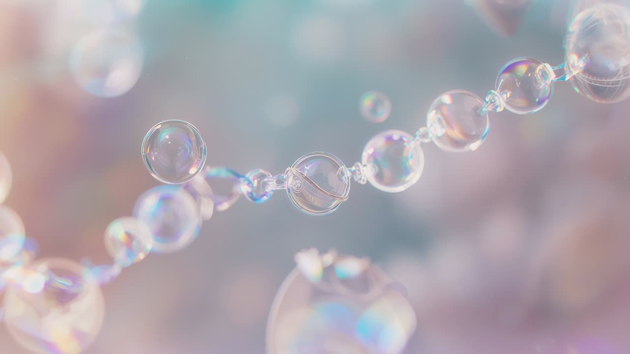 Playback starting causing soap bubble strand drifting and refracting pastel hues creating calm vibe