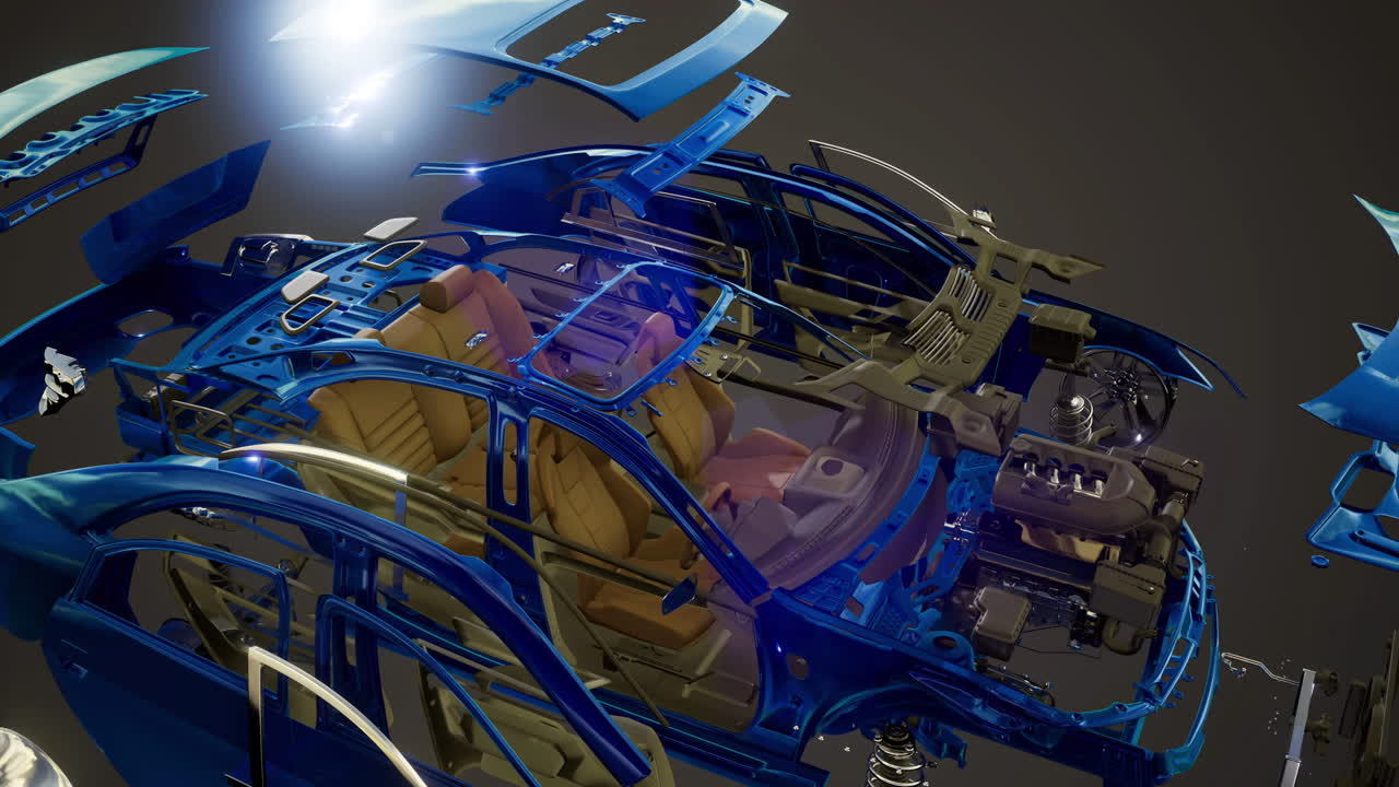 Intricate details of a disassembled car reveal engineering marvels in blue