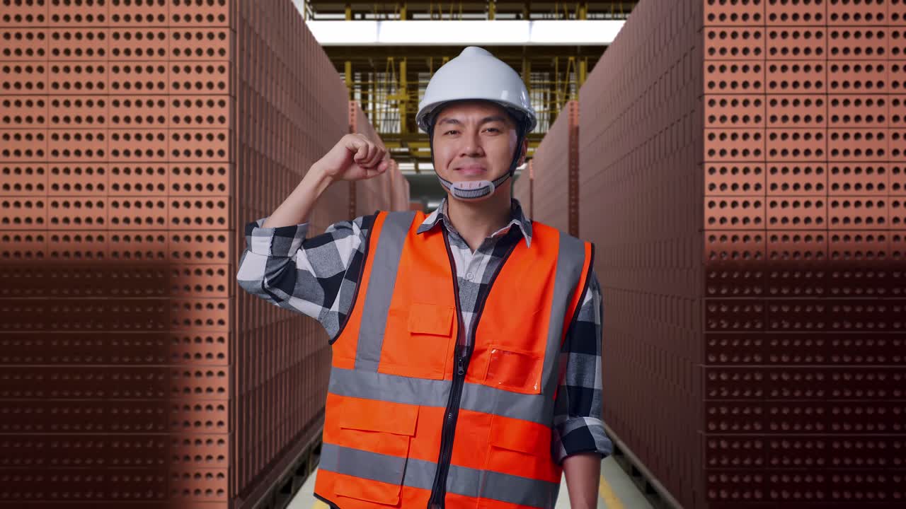Asian Male Engineer With Safety Helmet Flexing His Bicep And Smiling To Camera While Standing With Red Brick Packed in Stacks Are Stored