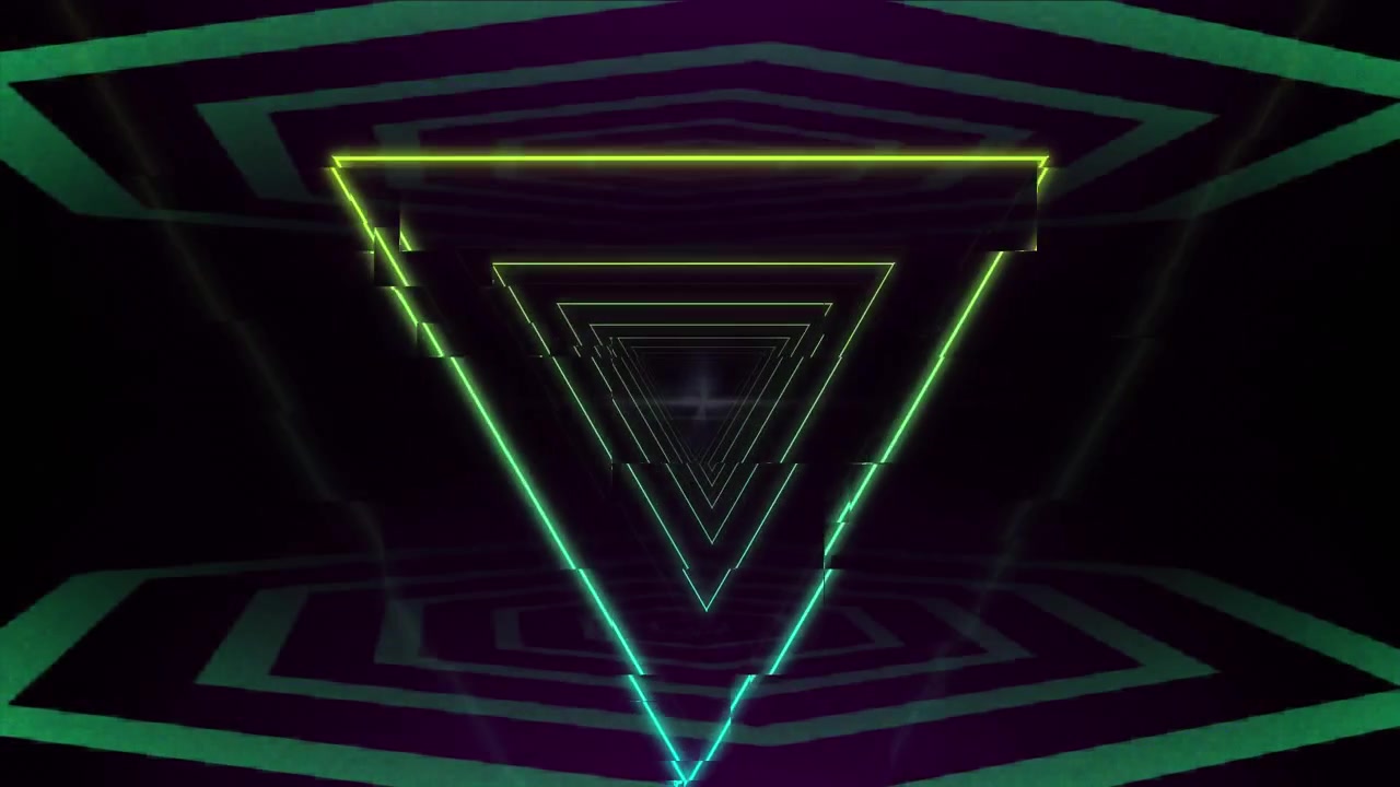 Animation of colourful concentric triangles, moving with distortion and energy flash, on black