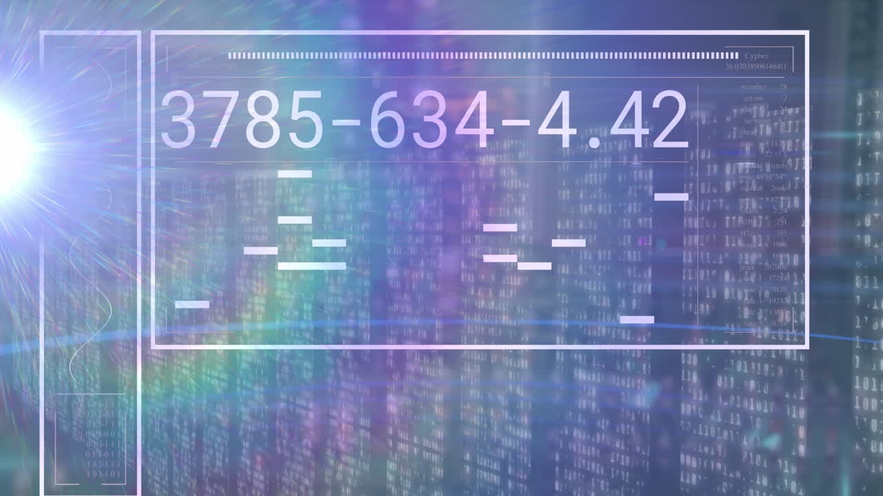 Animation of light spot and data processing against screens of mosaic squares on blue background
