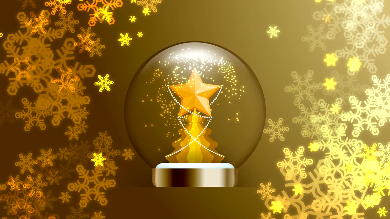Souvenir Snowball Glass glitter inside have Golden Star with pattern and Christmas tree with snowflake bokeh light illustration on gold gradient background animation 4K with copy space