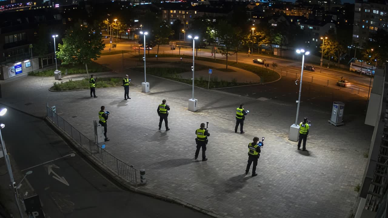 Un filmato cattura un gruppo di ufficiali in uniforme che mantengono l'ordine in un ambiente urbano di notte, evidenziando la loro vigilanza e i loro compiti di sorveglianza.