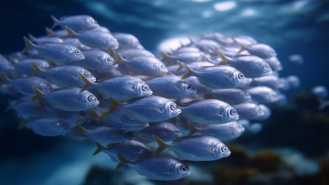 Un gruppo di pesciolini argentati che nuotano con grazia sott'acqua, creando una splendida scena piena di vita e movimento in un vivace ambiente acquatico