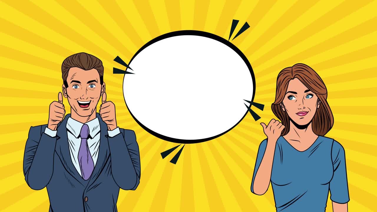 pareja joven con expresión globo estilo pop arte animación