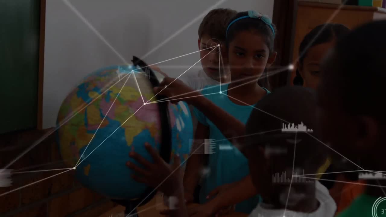 animación de redes de conexiones a través de diversos escolares que leen el mundo