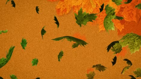 Animation-of-multiple-autumn-leaves-falling-on-orange-background