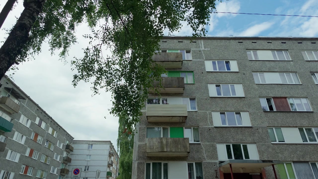 Statisk vidvinkelbillede af en grå betonbygning i sovjetisk stil med farverige altaner, indrammet af en grøn birkegren i Daugavpils, Letland, dagscene