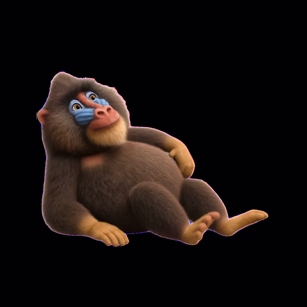 Relaxed cartoon mandrill lounging animation isolated asset, transparent 4K video, alpha channel