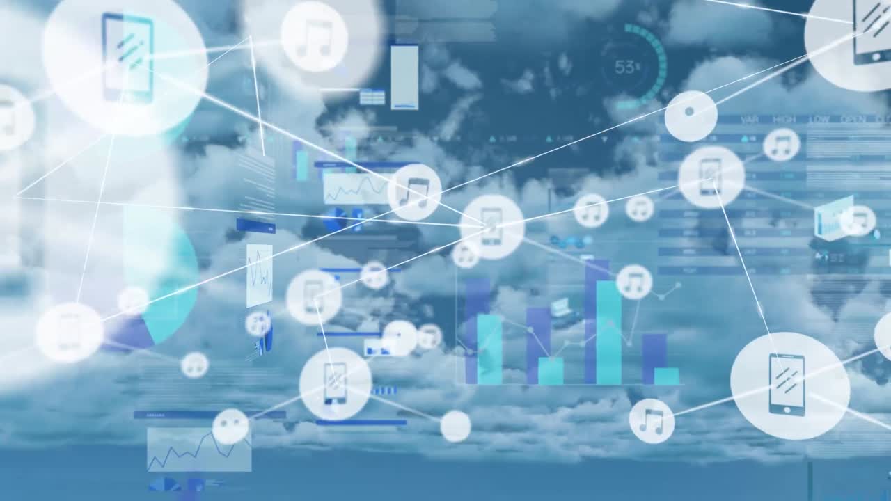 아이콘과 데이터 처리와 함께 연결 네트워크의 애니메이션 구름과 함께 하늘 위에