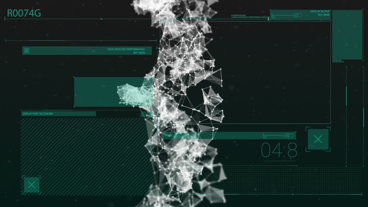 Animation of glitch over rotating dna chain on black and green screen