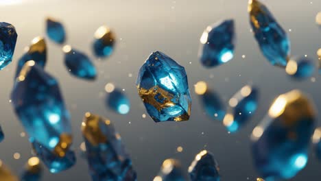 Captivating Visual Display of Glimmering Blue and Gold Crystals Suspended in Mid-Air, Showcasing Their Unique Shapes and Reflective Properties