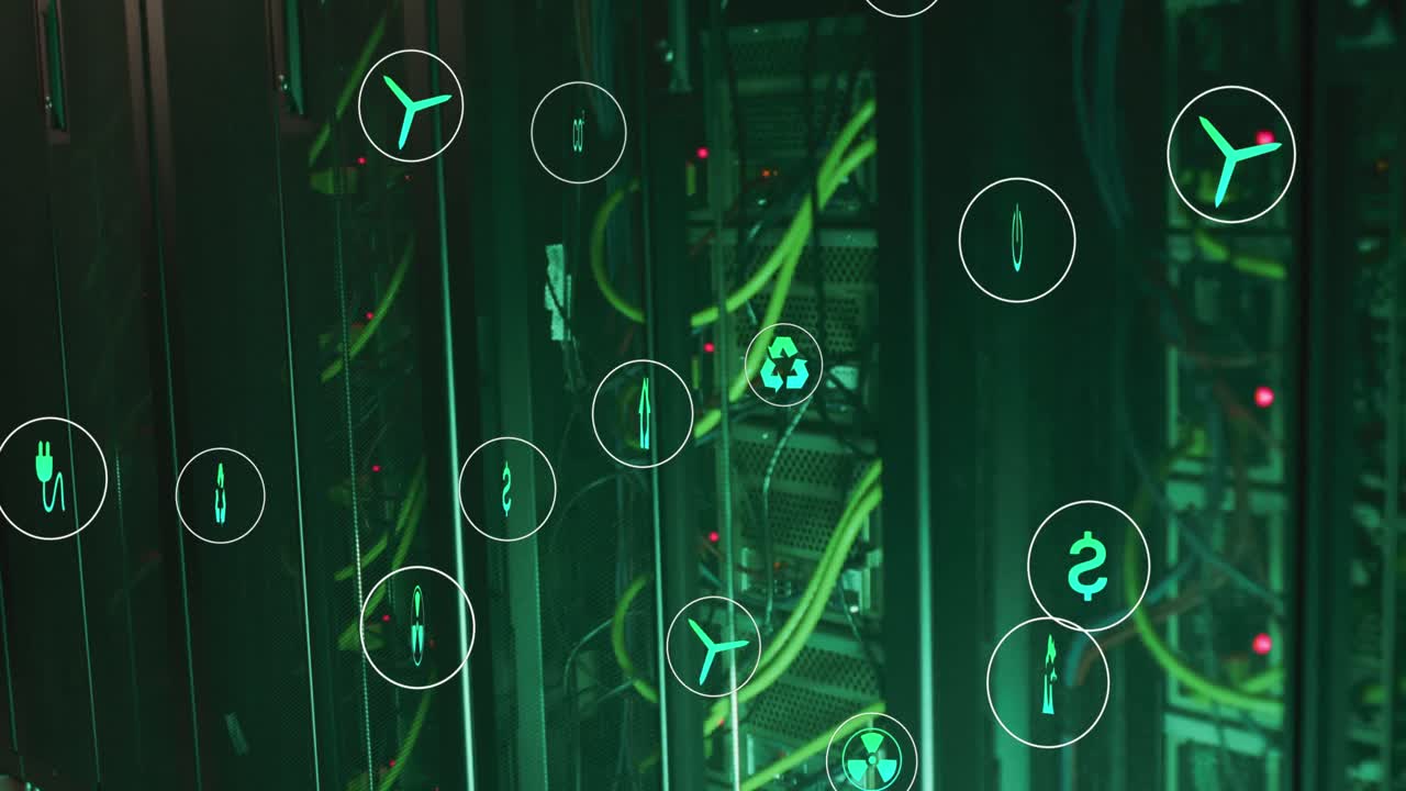 animação de ícones flutuando sobre servidores