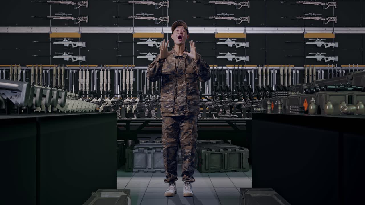 uomo asiatico soldato a figura intera che sorride ed esclama "wow" in un arsenale militare