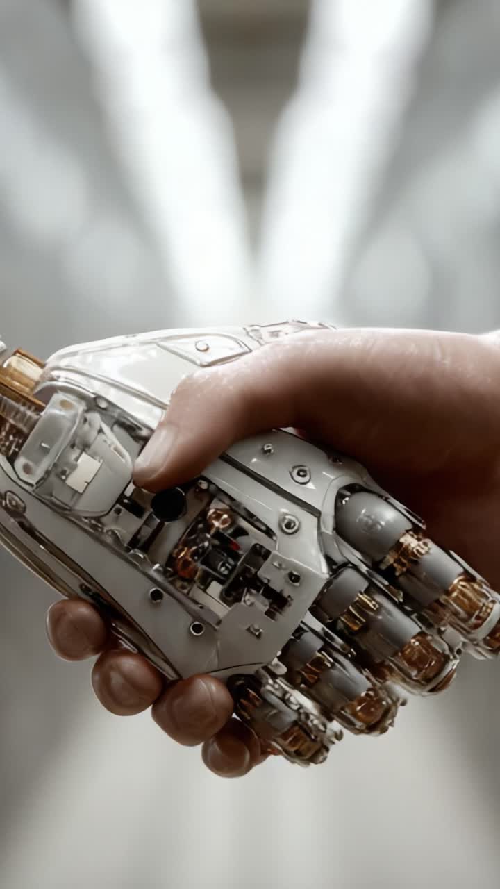 A Close-Up of a Handshake Between a Human and a Robotic Hand, Symbolizing the Future of Human-Robot Interaction and Technological Advancement