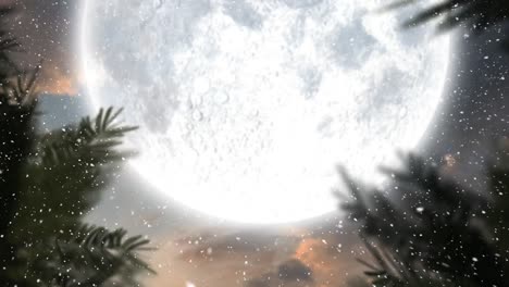 winter scenery with full moon and falling snow