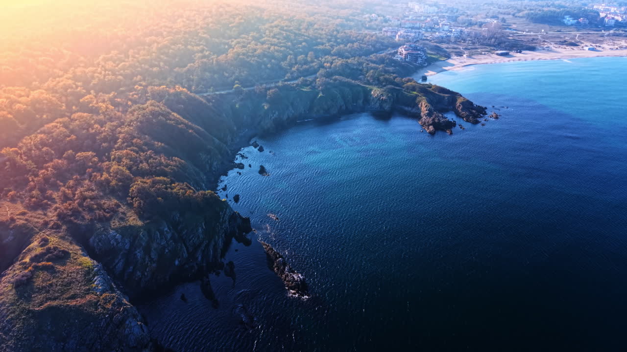 Veduta aerea di scogliere rocciose e foresta che incontrano il mare blu. Paesaggio dall'alto di una costa boscosa con rocce frastagliate e acqua blu limpida.