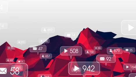 Animation-Von-Social-Media-Symbolen,-Die-Vor-Einem-Hintergrund-Mit-Abstrakten-Geometrischen-Formmustern-Schweben