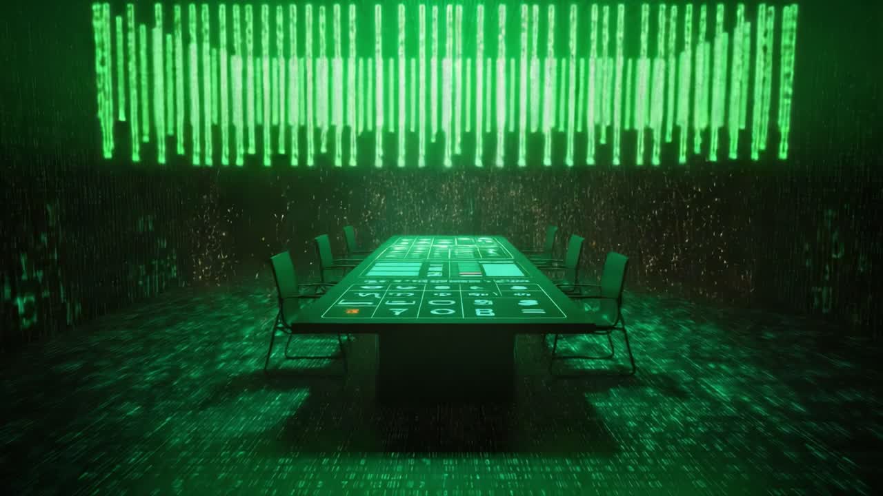 Empty meeting room with a conference table and chairs in a digital environment with green binary code and matrix data streams flowing down the walls, symbolizing the metaverse and cyberspace