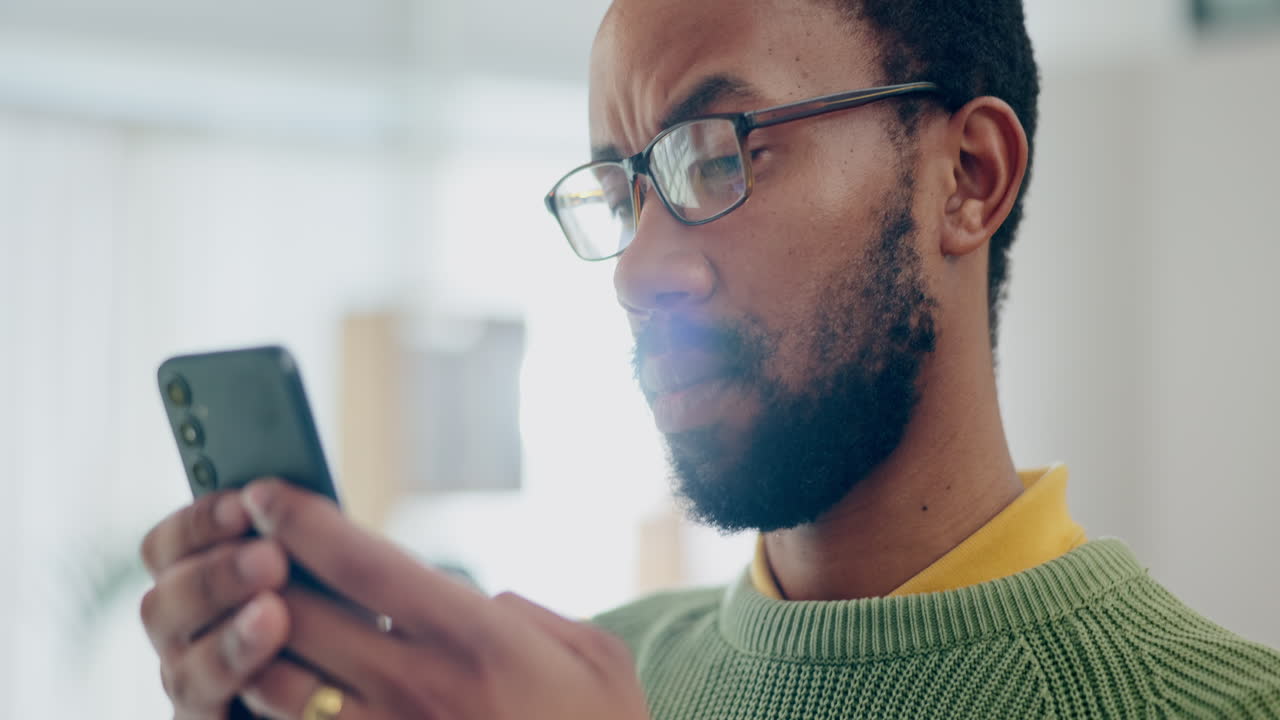 Phone, happy and social media with a black man