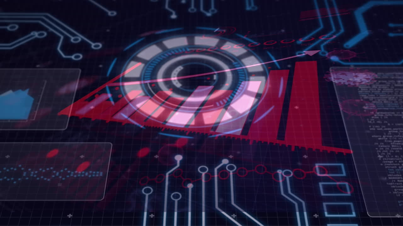 animación del procesamiento de datos, la célula del virus y los gráficos en la pantalla digital de la marina