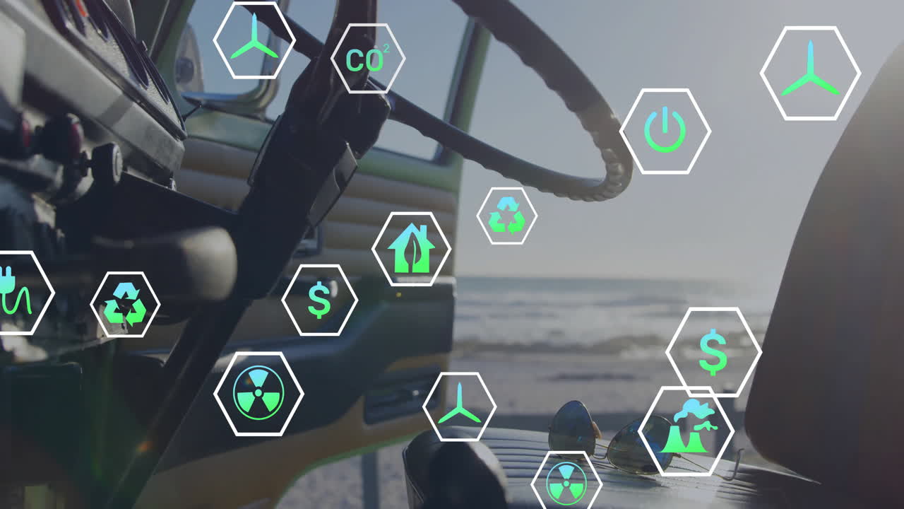 해변 근처의 자동차 인테리어 위에 생태 친화적 인 기술 아이콘 애니메이션