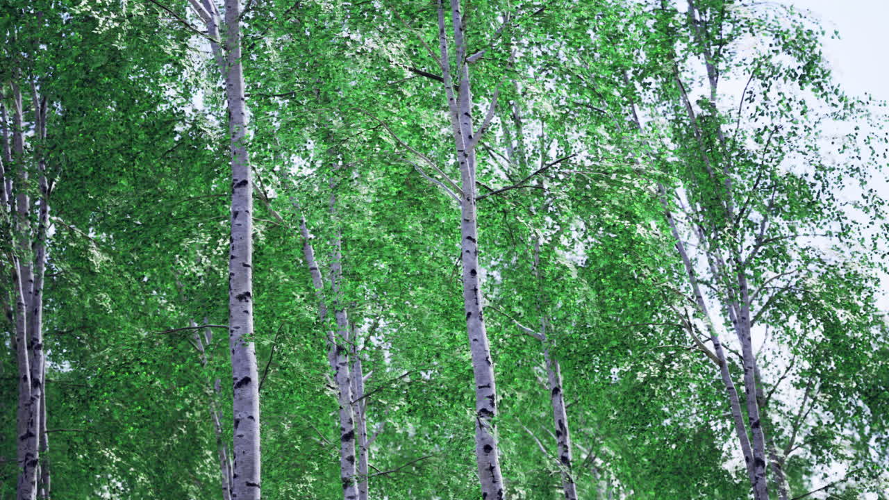 Birch trees sway gently in a calming late spring forest grove
