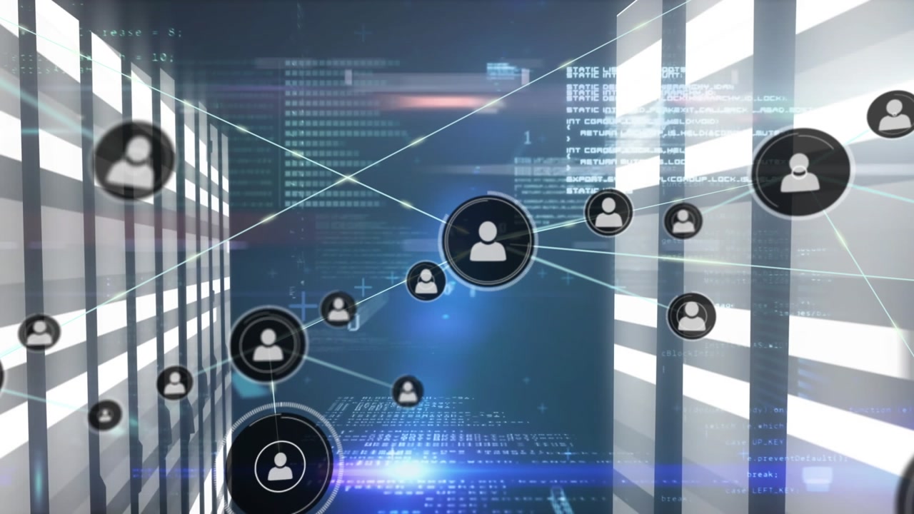 Animation of network of connections with icons and data processing over moving columns