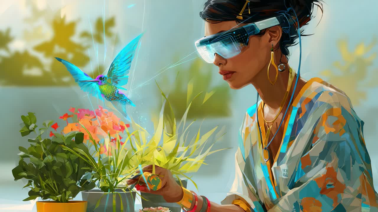 A woman nurturing vibrant plants while wearing augmented reality glasses, captivated by the beauty of a colorful hummingbird hovering nearby, blending technology with nature