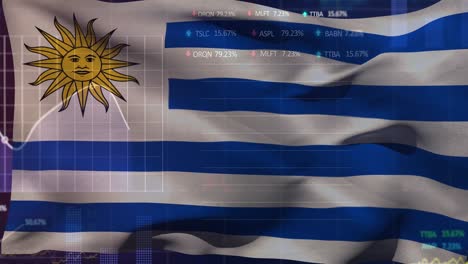animation of flag of uruguay over people relaxing in sea