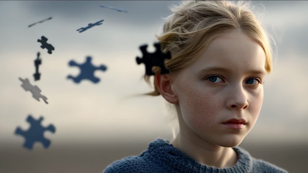 Girl with floating puzzle pieces. A girl with blond hair and blue eyes gazes thoughtfully as puzzle pieces float around her, evoking contemplation.