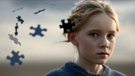 girl with floating puzzle pieces. a girl with blond hair and blue eyes gazes thoughtfully as puzzle pieces float around her, evoking contemplation.