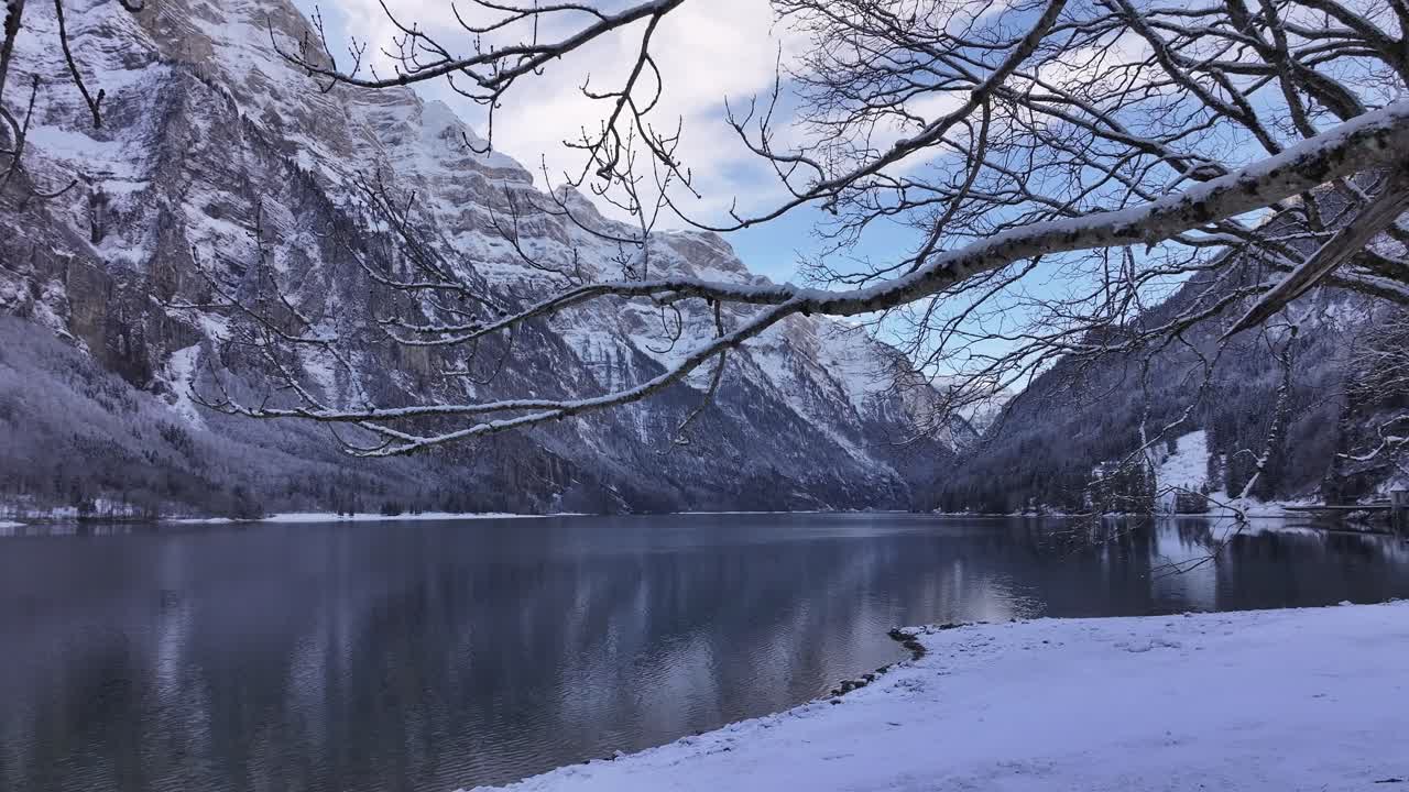 Tranquil winter scene at Klöntalersee, Switzerland, with snow-capped mountains framing a still lake. A lone bare tree reflects gracefully in the serene water.