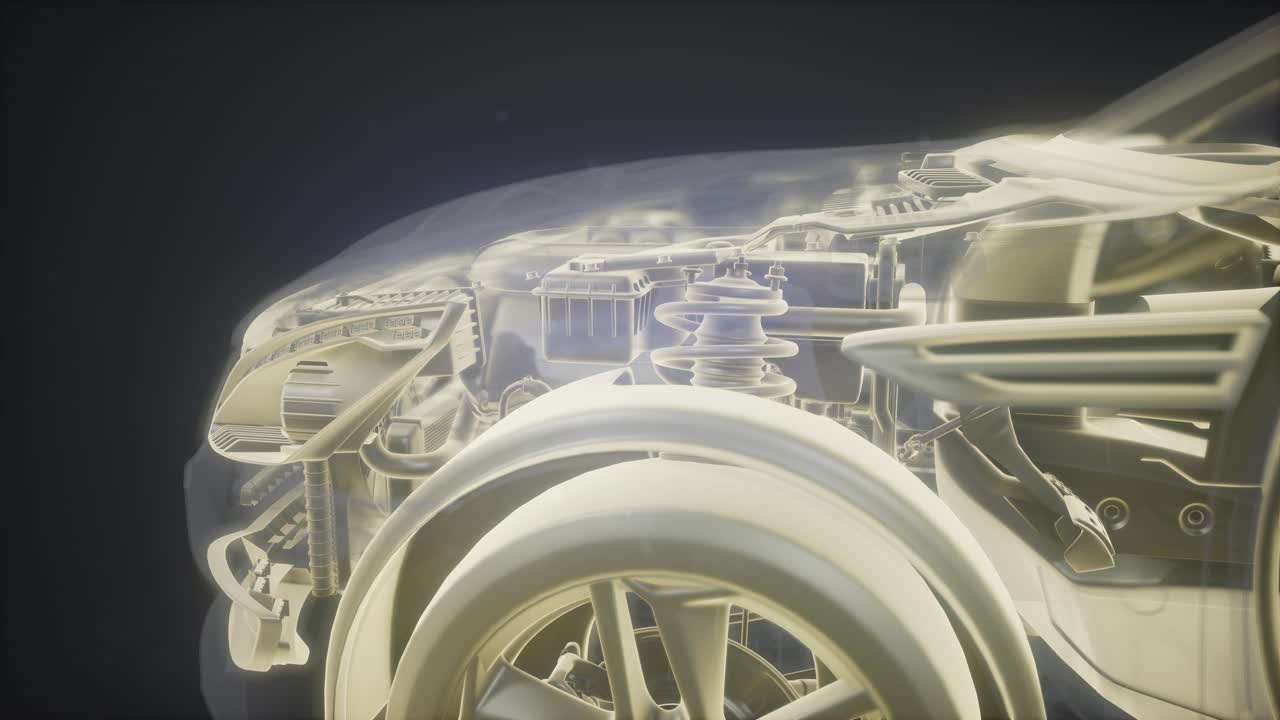 엔진이 있는 3d 와이어프레임 자동차 모델의 홀로그래픽 애니메이션