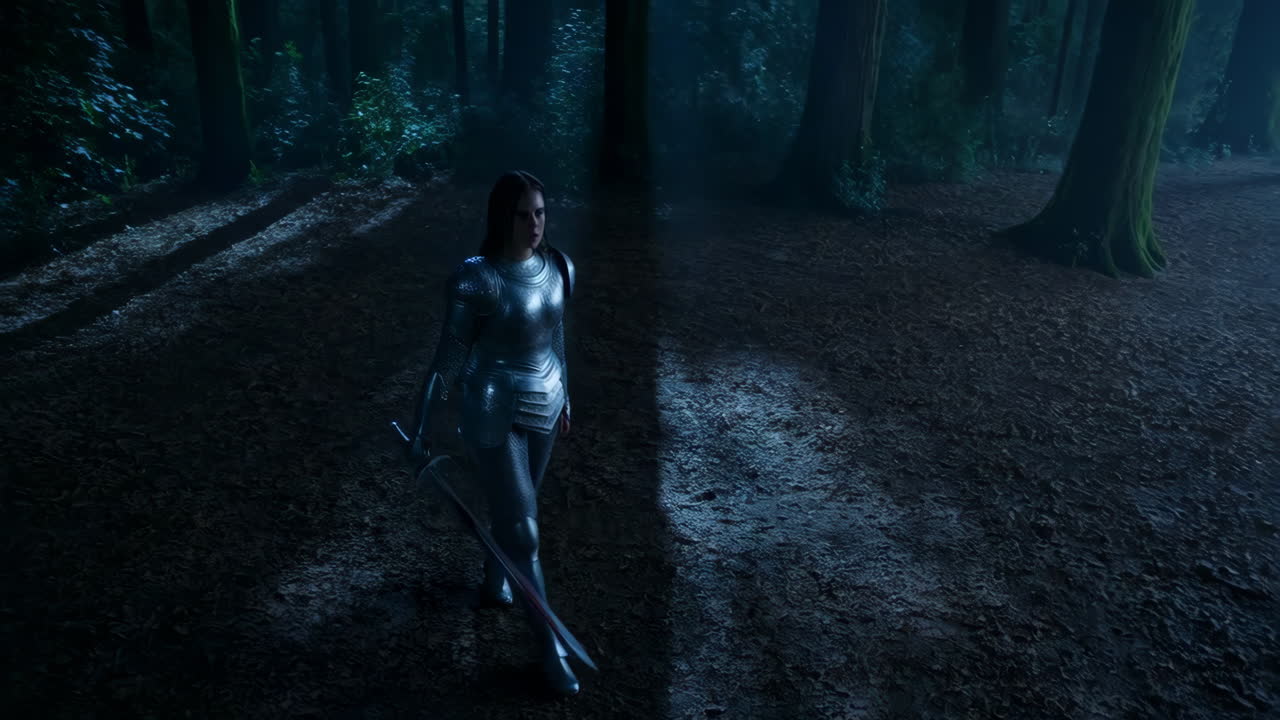 A female knight in shining armor stands in a dark, enchanted forest
