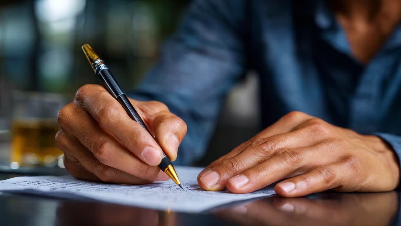 A close-up of a person's hands writing on paper with a pen, capturing a moment of creativity, focus, and reflection in a serene and stylish setting