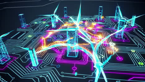 futuristic wind farm on a digital circuit board