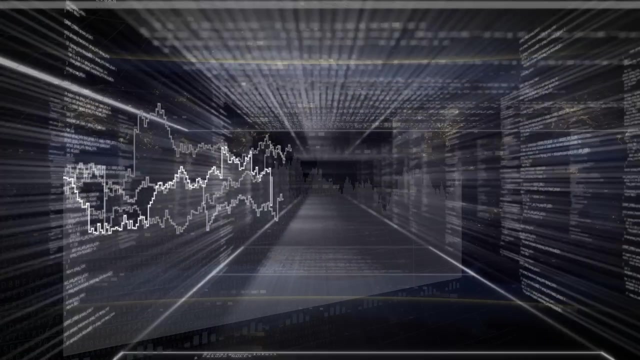 Central light sparking tunnel HUD surging, panels fading, code rising, graph tracing to show data