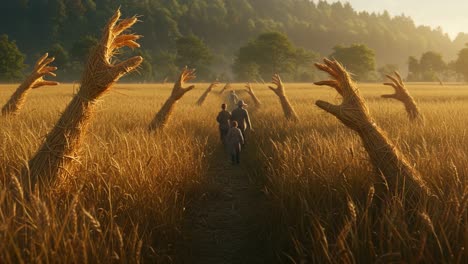 a mysterious journey through a golden field: enigmatic straw arms reach out as figures walk towards the unknown under a warm sunset glow