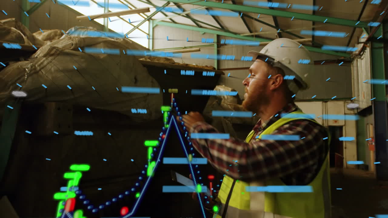 Animation of graphs over caucasian male factory worker