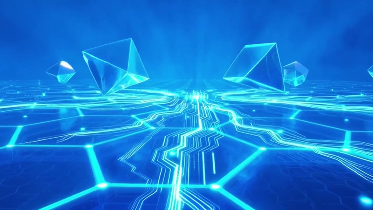 Abstract Digital Technology Background with Glowing Hexagonal Grid and Floating Geometric Shapes