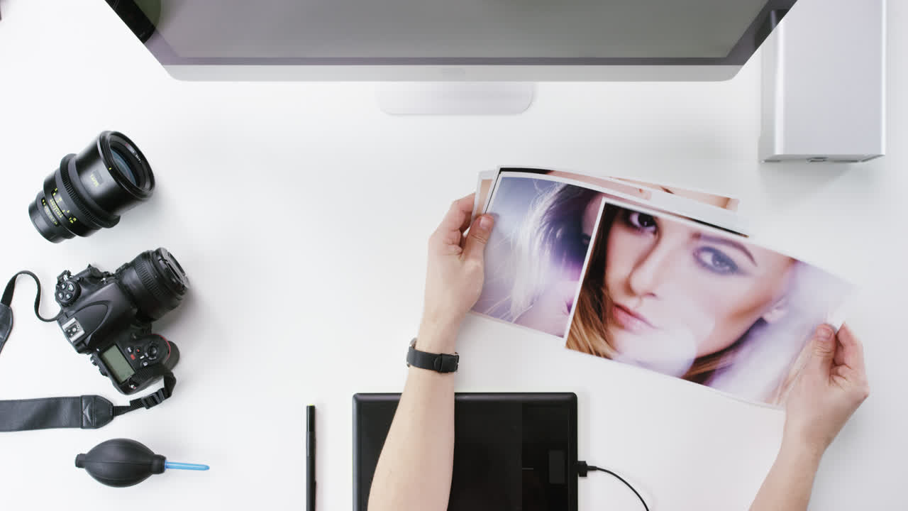 Top view photographer graphic designer chosing beauty images working at desk from above - Red Epic Dragon